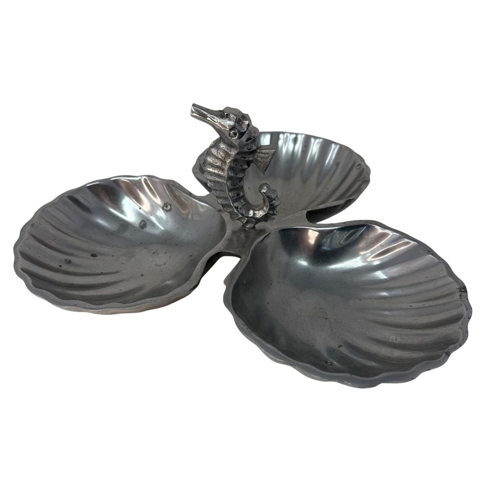 Vintage Pewter Seashell Divided Serving Tray with Seahorse Handle Candy, Nuts
